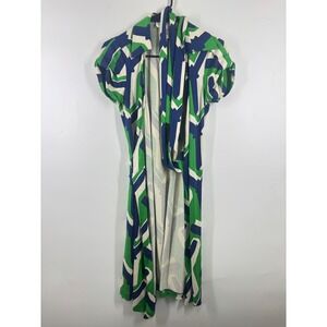 Diane von Furstenberg Vintage Silk Wrap Dress Green Blue Geometric Y Pattern 4